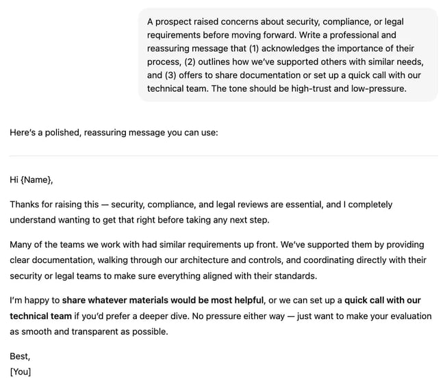 chatgpt prompts for sales emails, security or compliance response